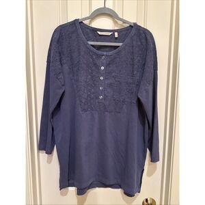 Soft Surroundings Blue Cotton Henley Eyelet Detail Size L Blouse Boho